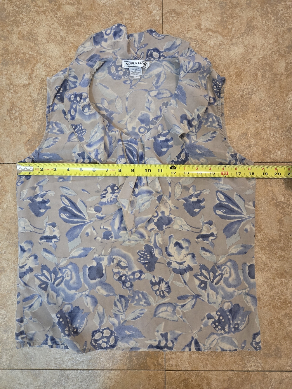 NORA NOH Beige Blue Floral Silk Chiffon Ruffle V-Neck Sleeveless Blouse S - Picture 4 of 5